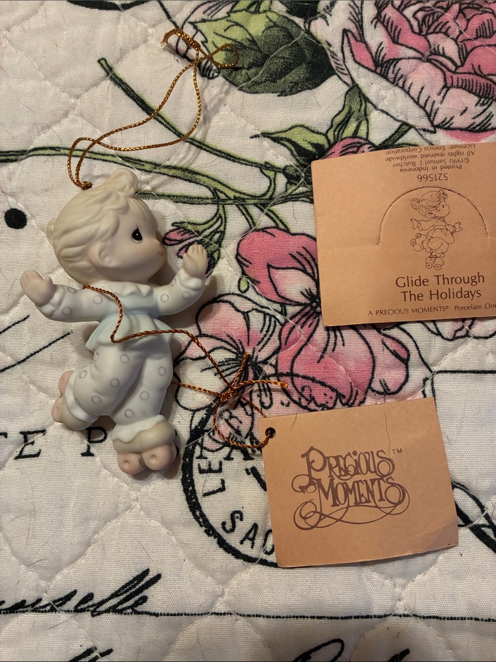 Precious Moments White and Cream Porcelain Holiday Glide Ornament